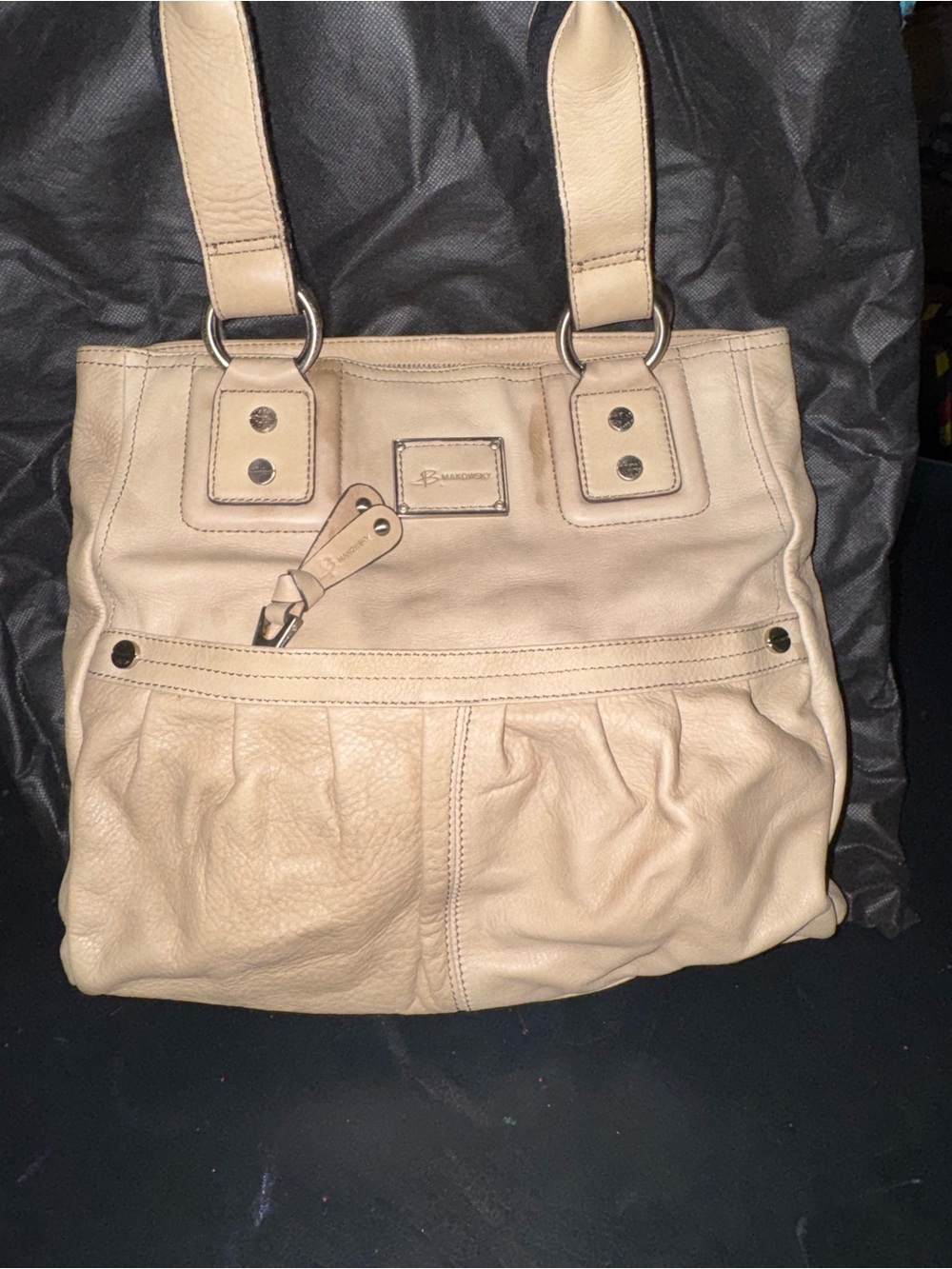 b. makowsky Cream Leather Shoulder Tote with Front Pleats
